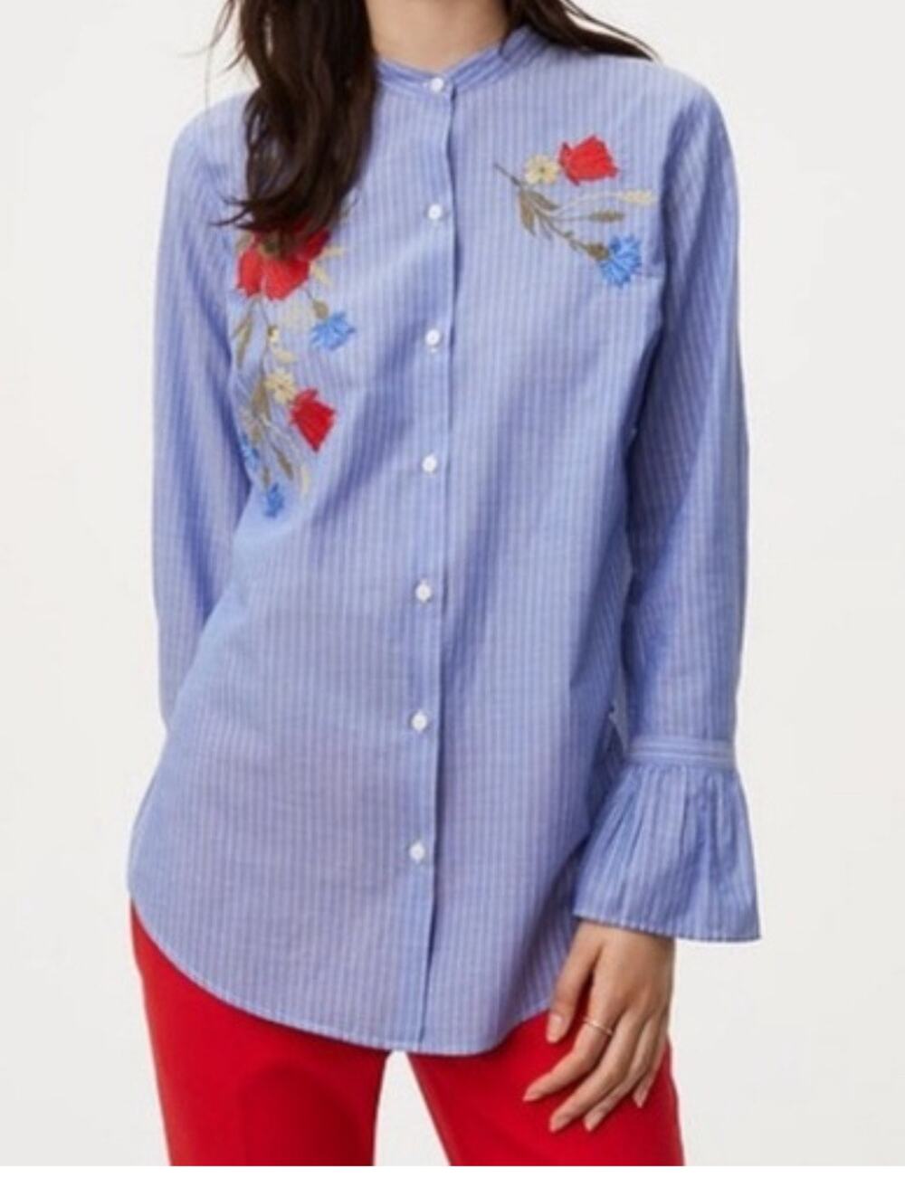 Women's Loft  Blue White Striped Blouse Embroidered Floral Button Up Top Size M